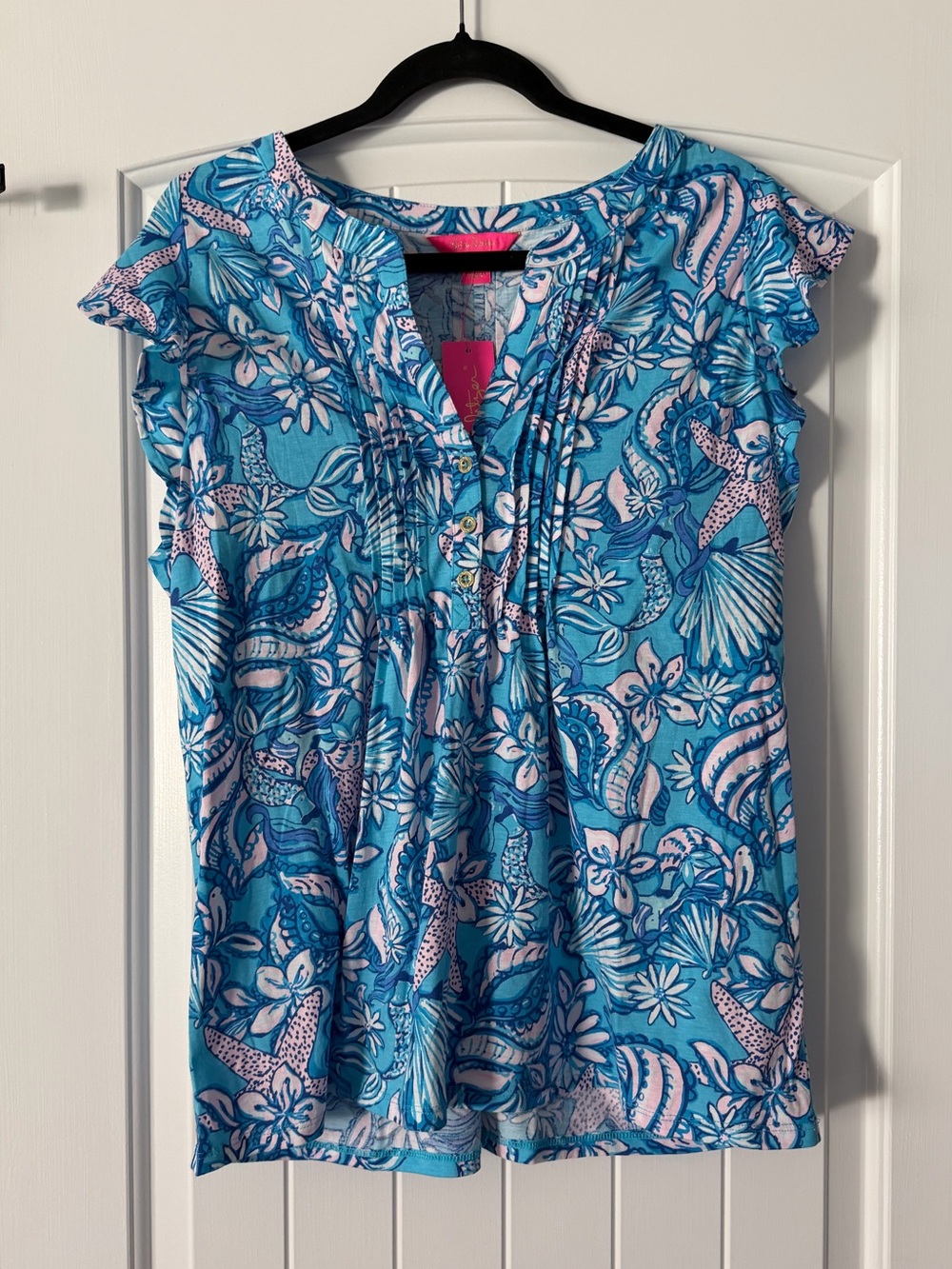 NWT Lilly Pulitzer Blue Pink Floral Shell-Print Ruffle Sleeve Golda Top